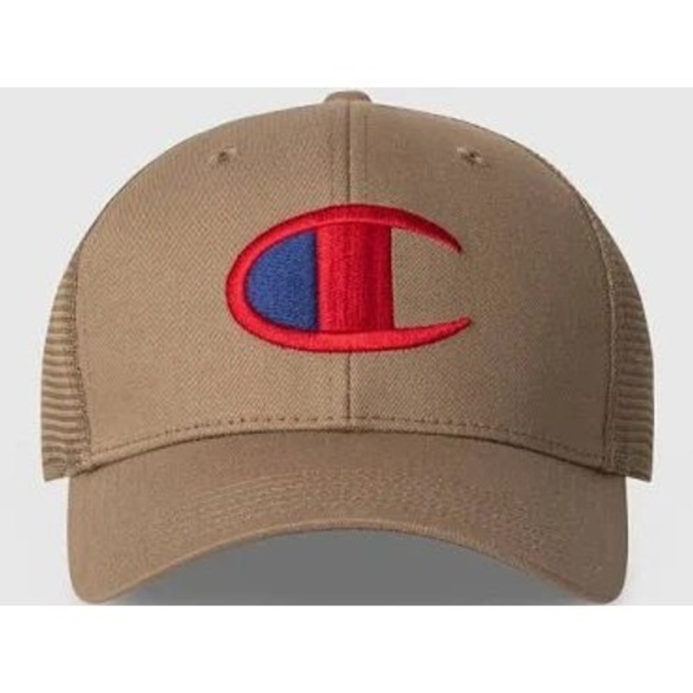 Champion Mens Logan Twill Trucker Hat Khaki Tan Big C Logo Snapback Mesh Cap